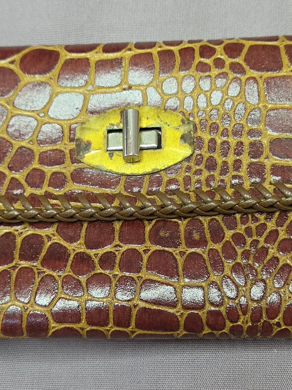 VINTAGE Croc-Embossed Brown Leather Clutch with Yellow Accent